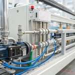 Close-up of a modern injection molding machine's cooling system