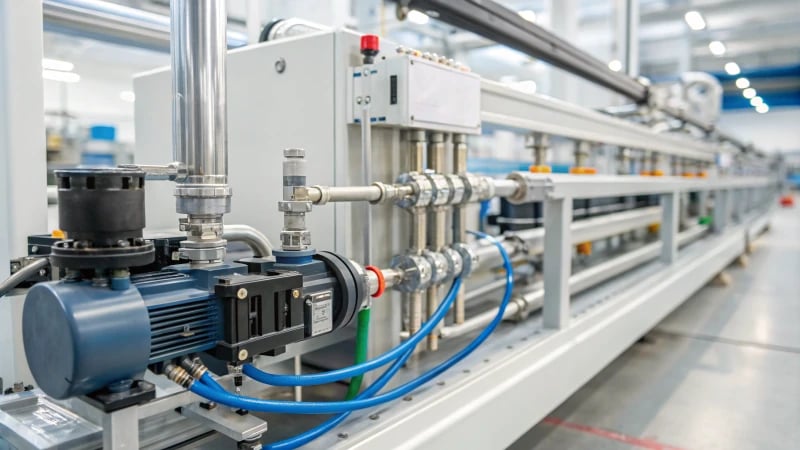 Injection Molding Machine Cooling System Close-up of a modern injection molding machine's cooling system