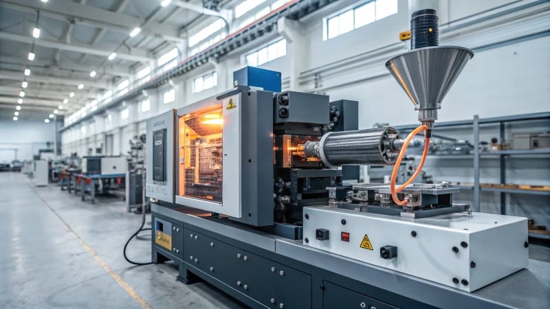 Close-up of an industrial injection molding machine with pressure gauges and shiny metal components