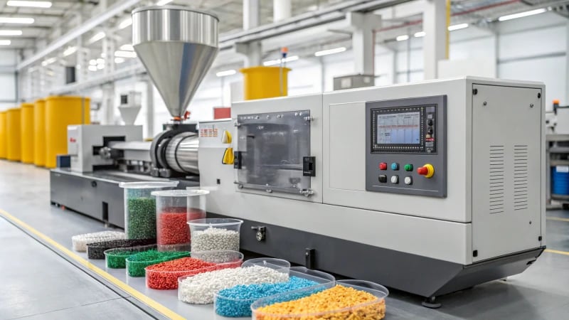 A modern injection molding machine in an industrial setting with plastic pellets and finished products around it.
