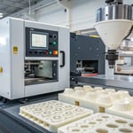 A modern injection molding machine in operation with molded parts being created.