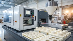 A modern injection molding machine in operation with molded parts being created.