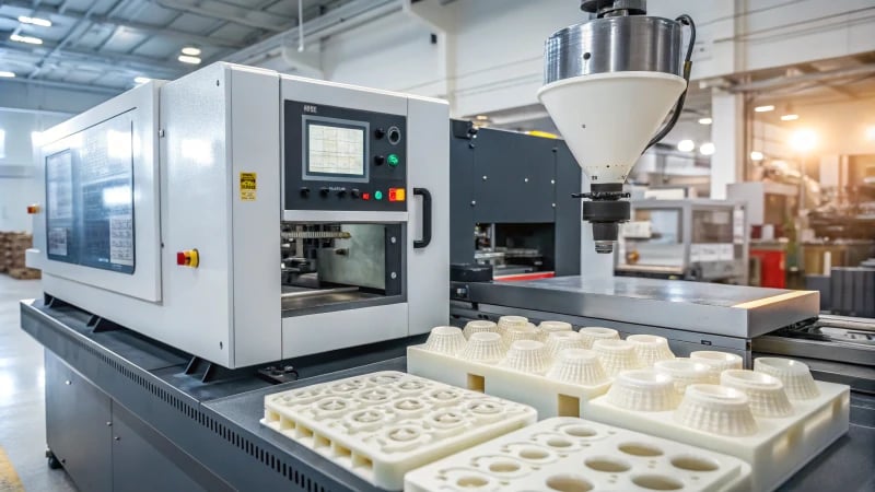 A modern injection molding machine in operation with molded parts being created.