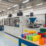 A modern laboratory showcasing colorful plastic materials and high-tech equipment.