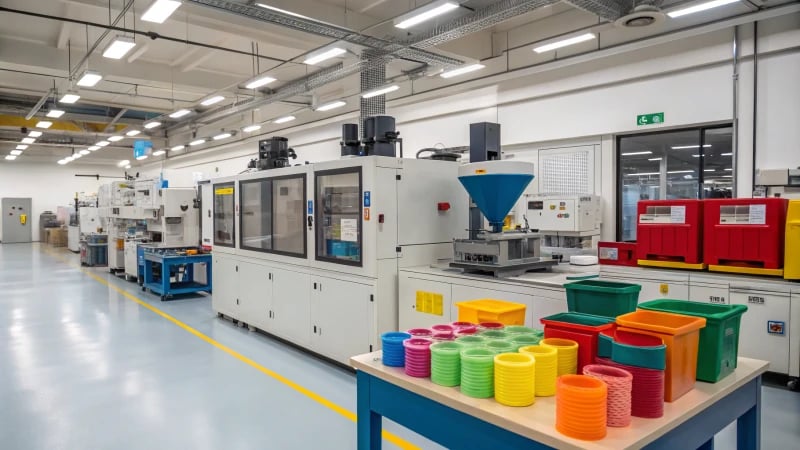 A modern laboratory showcasing colorful plastic materials and high-tech equipment.