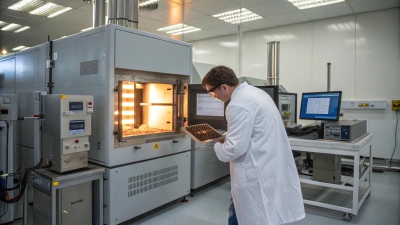 A scientist examining a sample in a high-temperature furnace in a modern lab.