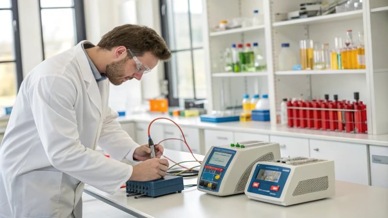 Scientist adjusting digital temperature sensors in a modern lab