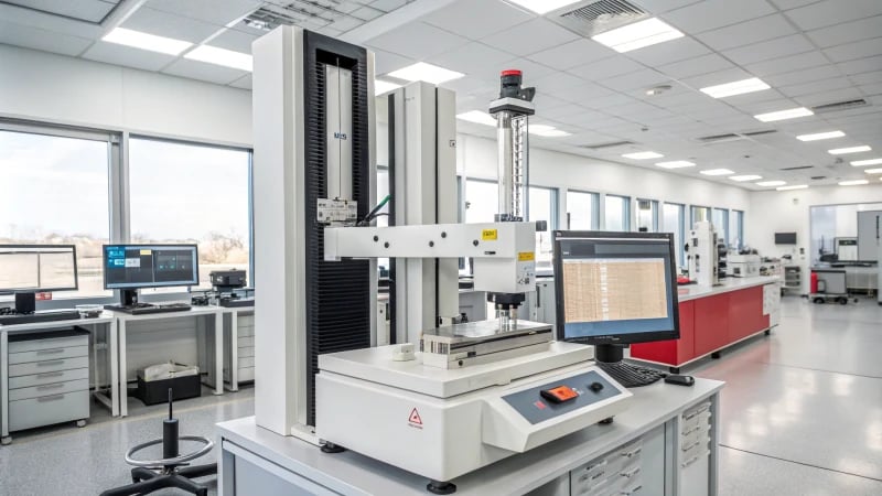 A modern laboratory with a tensile testing machine and an injection molded product.