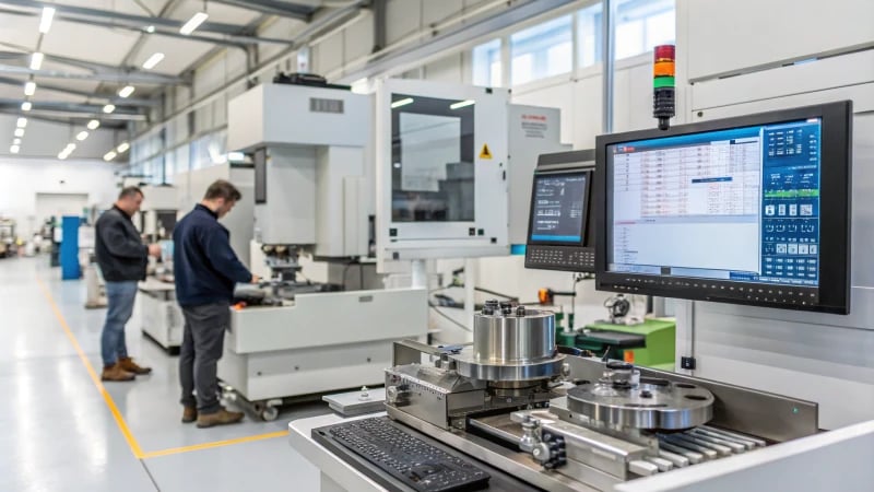 A modern machining workshop with advanced monitoring tools