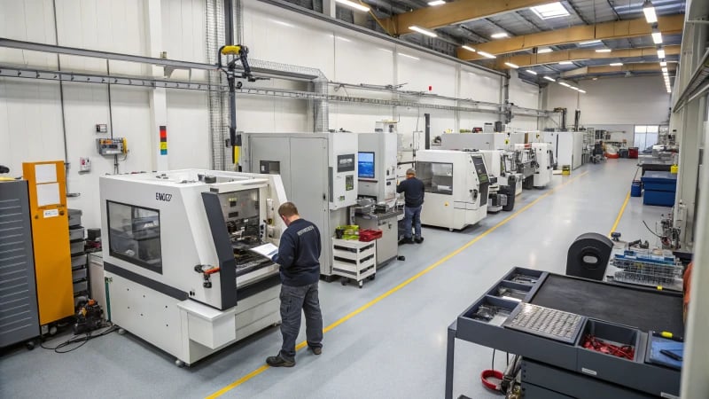 A busy modern machining workshop with CNC machines and engineers