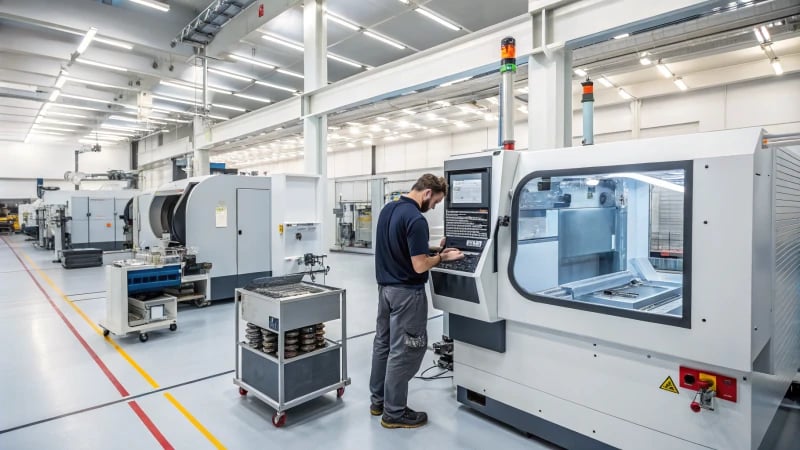 A technician operating a CNC machine in a modern workshop