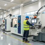 Advanced manufacturing facility with robotic arms and CNC machines
