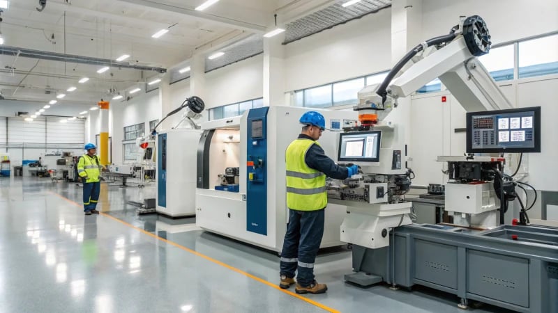 Advanced manufacturing facility with robotic arms and CNC machines