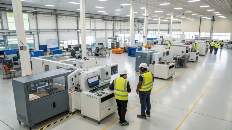 A modern manufacturing facility with workers in safety gear and high-tech machines.