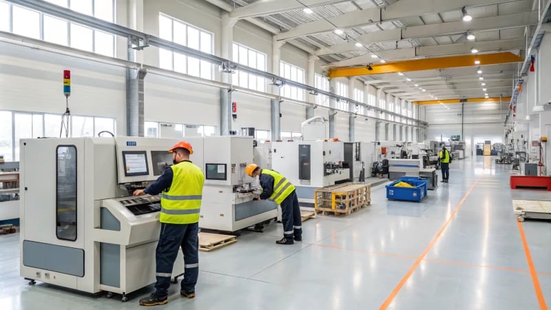 A bright and modern manufacturing facility with industrial machines and workers