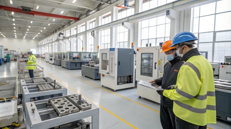 Workers in a modern manufacturing facility inspecting molds