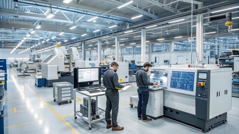 Engineers collaborating in a modern manufacturing facility