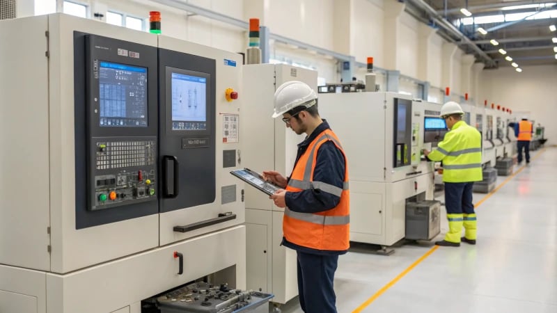 Engineers examining product samples in a manufacturing facility