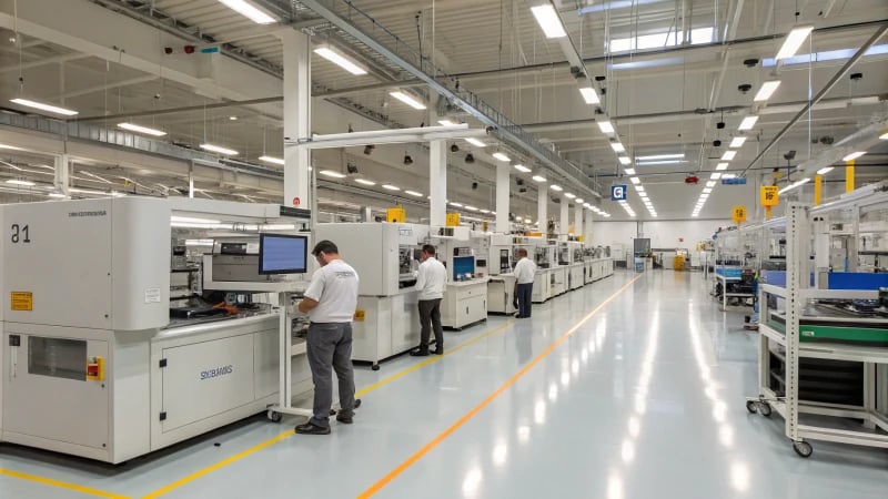 A modern manufacturing facility showcasing advanced machinery and assembly stations.