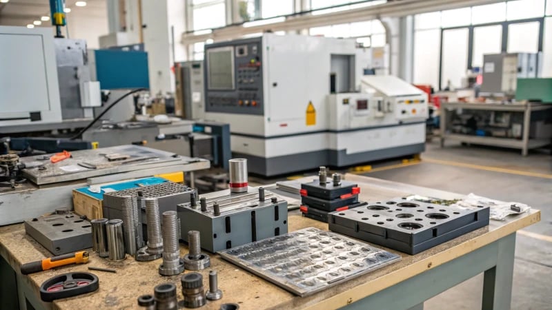 A cluttered workbench in a manufacturing facility with precision parts and molds