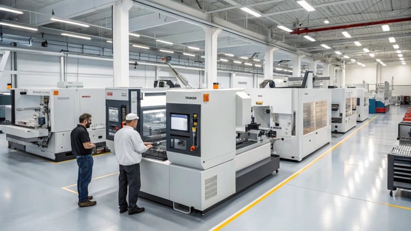 A modern manufacturing facility with CNC machining equipment and operators.