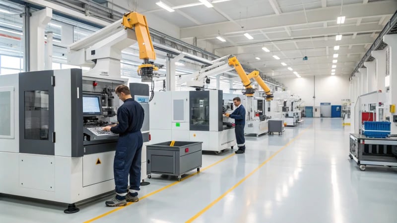 A modern manufacturing facility with advanced machinery and technicians at work