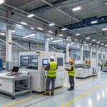 A modern manufacturing facility with organized workspaces and sleek machinery.
