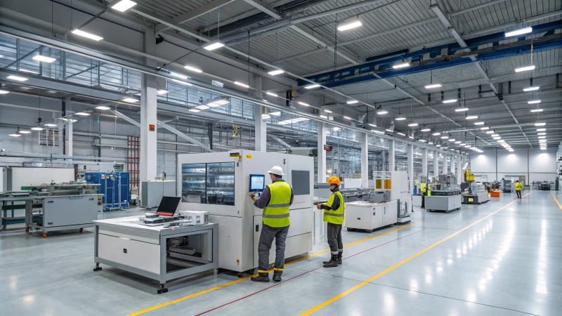 Modern Manufacturing Facility A modern manufacturing facility with organized workspaces and sleek machinery.