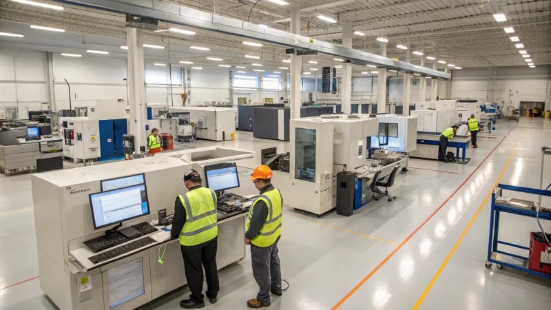 Interior of a modern manufacturing facility with advanced machinery and workers