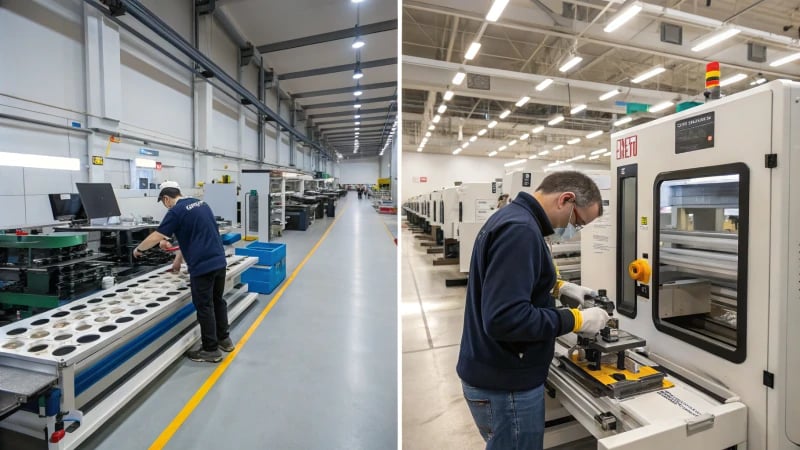 A split view of a modern manufacturing facility showing skilled workers and automated machines.