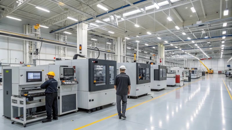 A busy manufacturing facility with diverse workers discussing standardized molds
