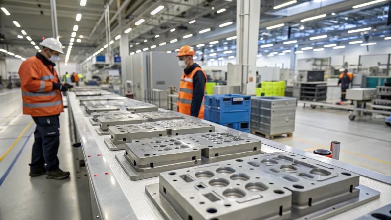 A modern manufacturing facility with molds on an assembly line