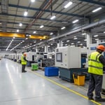 Technicians working on injection molding machines in a modern manufacturing facility
