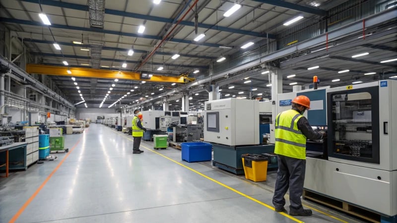 Technicians working on injection molding machines in a modern manufacturing facility