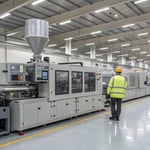 A modern manufacturing facility featuring a sleek injection molding machine with workers monitoring the process.