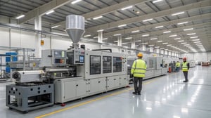 A modern manufacturing facility featuring a sleek injection molding machine with workers monitoring the process.