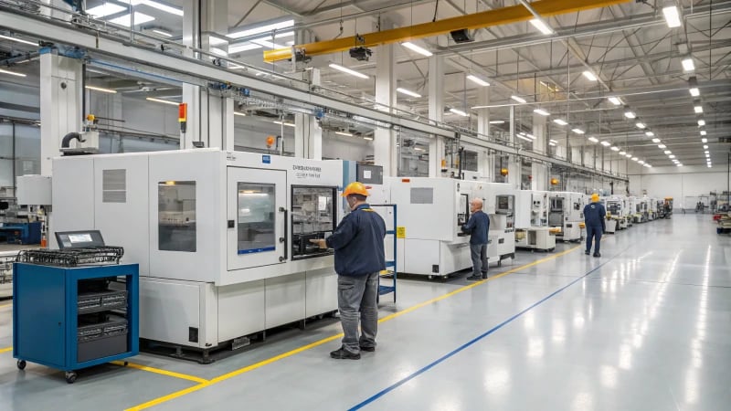 A modern manufacturing facility with injection molding machines and diagrams.