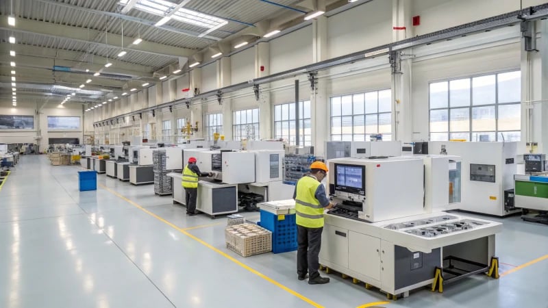 Interior of a modern manufacturing facility with advanced machinery and workers