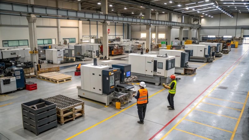 Modern Manufacturing Facility A modern manufacturing facility with mold processing machines and technicians at work.