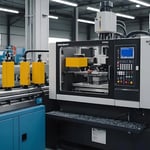 A modern CNC milling machine with black and white panels, featuring a control panel and visible machining area with a yellow component.