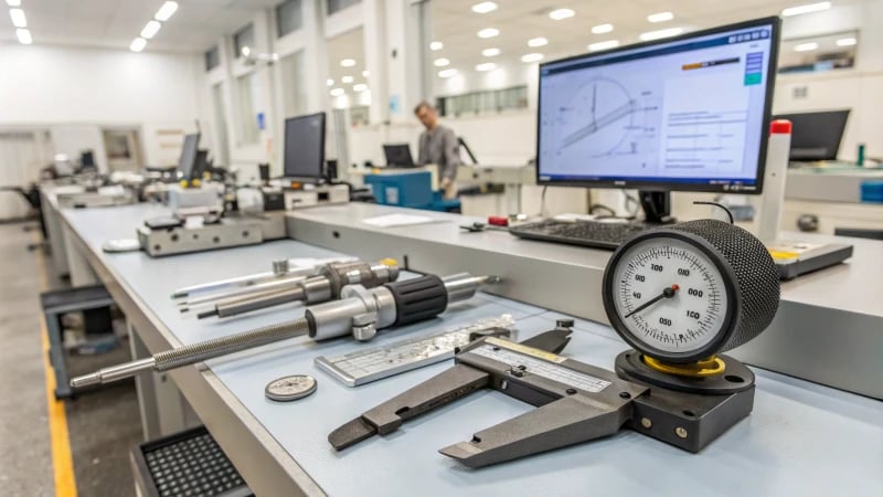 A bright and organized modern manufacturing workshop filled with precision measurement tools.