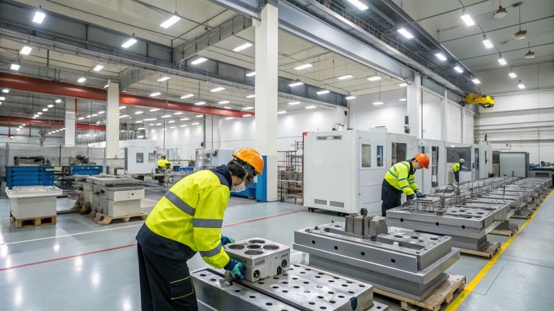 High-resolution image of a modern manufacturing workshop with workers creating metal molds.