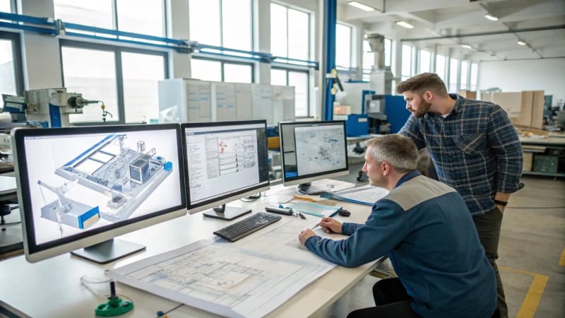 Engineers collaborating in a modern manufacturing workspace