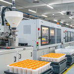 Interior of a modern medical manufacturing facility with injection molding machines