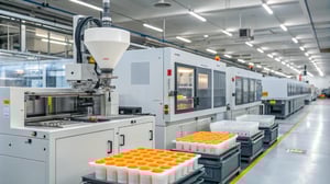 Interior of a modern medical manufacturing facility with injection molding machines
