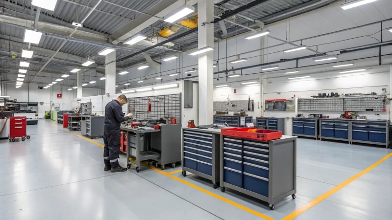 A modern workshop with organized workstations and tools