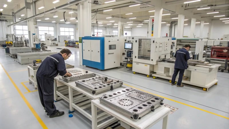 A modern mold manufacturing facility with precision machinery and skilled workers