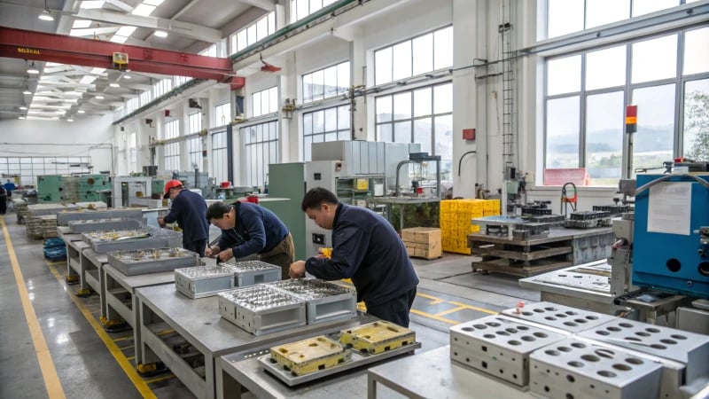 Workers at an assembly line in a mold manufacturing facility