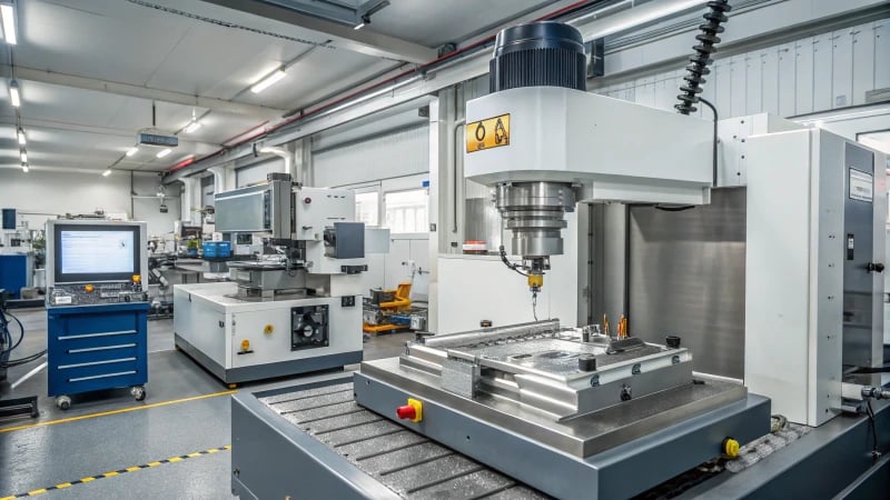 A modern mold manufacturing workshop with a CNC milling machine