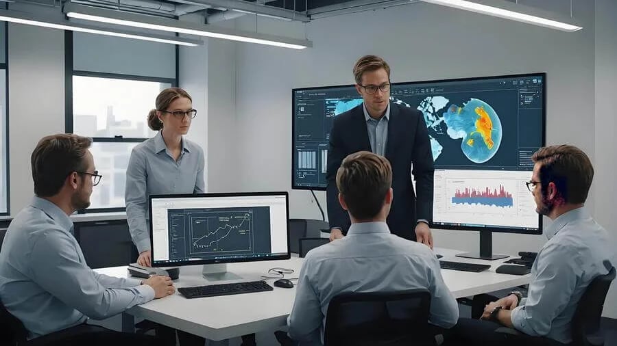 Group of professionals engaged in discussion around a table with data visualizations on screens in a modern office.
